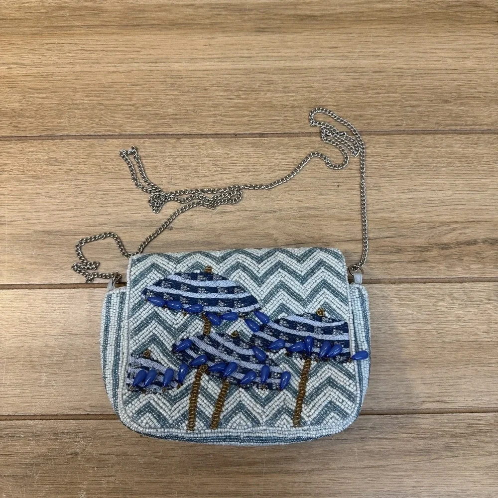 Viral Hand Beaded Beach Umbrella Shoulder Bag Chain Strap Blue Chevron Purse